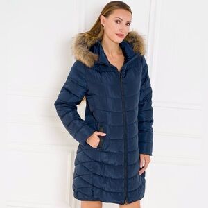 Quilted Puffer Jacket Womens‎ Faux Fur Hood Blue Quilted Winter Coat  L